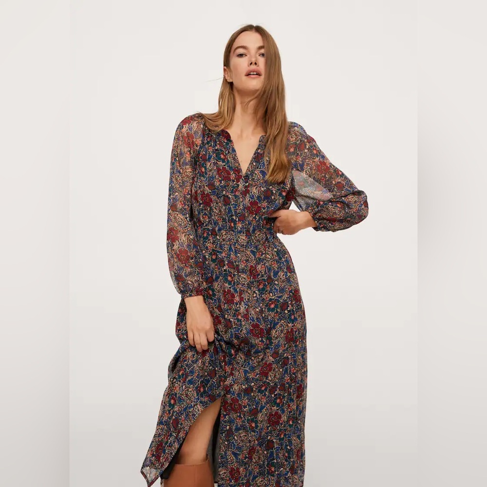 Mango long sleeved floral midi dress